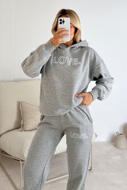 Love 3D embroidery melange grey hoodie joggers premium loungewear