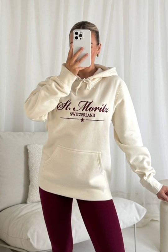 St Moritz ecru embroidered premium relaxed hoodie
