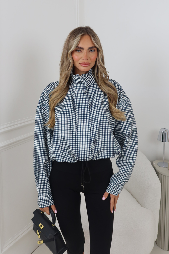 LARA NAVY CHECK ZIP UP JACKET