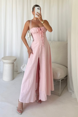Linda pink linen look split leg maxi dress