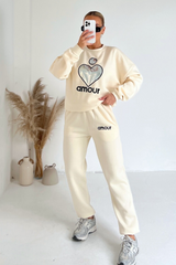 Amour ecru silver heart embroidered sweater joggers premium loungewear