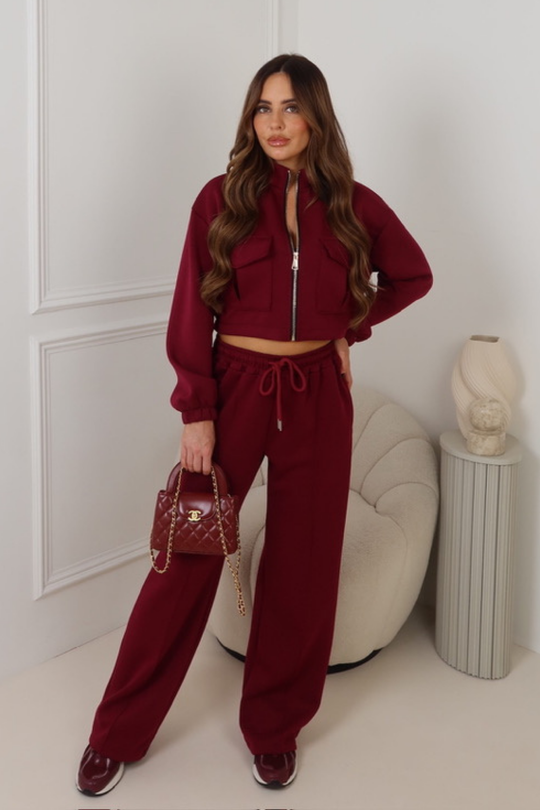 RHEA BURGUNDY BOMBER JACKET STRAIGHT LEG JOGGER LOUNGEWEAR