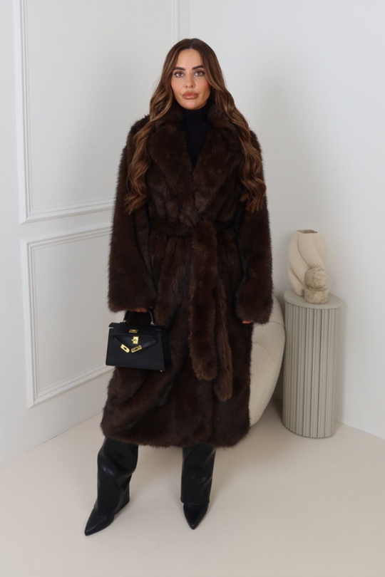 Josie chocolate long faux fur coat