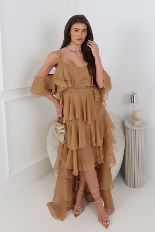 CORAL CARAMEL  RUFFLED MAXI DRESS