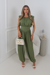 PETRA KHAKI SHOULDER PAD BALLOON JUMPSUIT