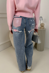 ISLA BLUE STRAIGHT LEG JEANS WITH PINK DIAMONTE POCKET