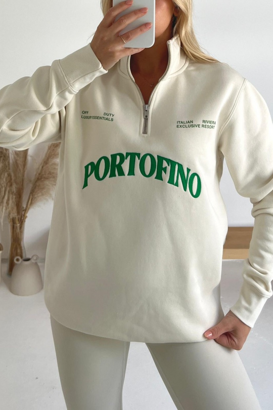 Portofino ecru and green embroidered 3/4 zip sweater