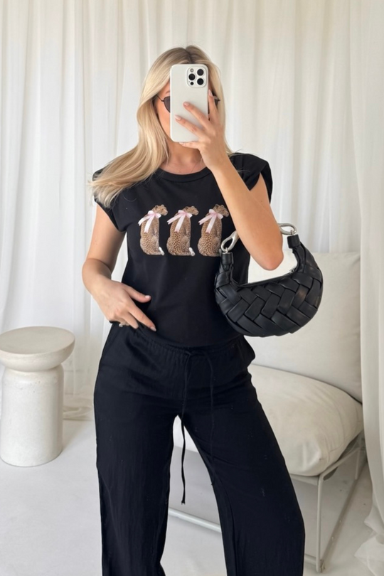 Leopard black printed shoulder pad t-shirt