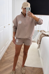 St Moritz mocha & white embroidered oversized 3/4 sweater shorts loungewear