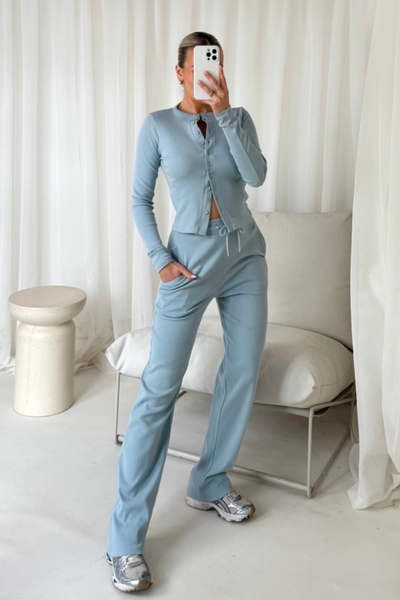 Alba blue ribbed button through top & wide leg trousers – Glamify ...