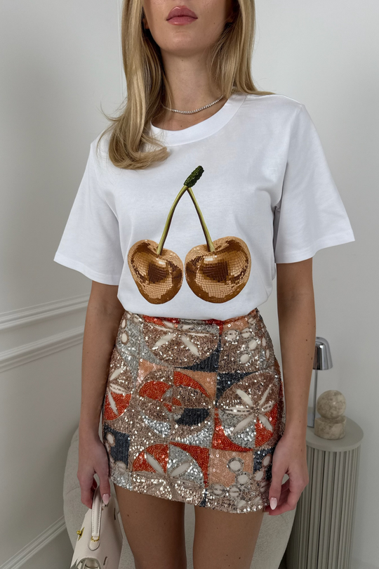Disco cherry gold printed white heavyweight oversized t-shirt