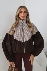 LILLIE CHOCOLATE BROWN BALLOON SLEEVE CHECK JACKET