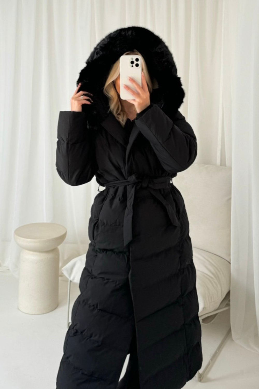 Laurena black long padded hooded puffer coat Glamify Famous For Loungewear