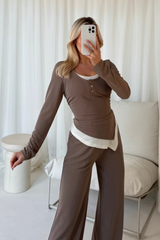 Roxy beige asymmetric top & straight leg jogger loungewear