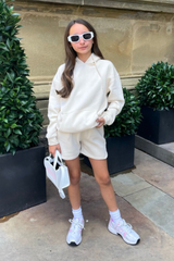Mini Glamify ecru essential hoodie shorts loungewear set