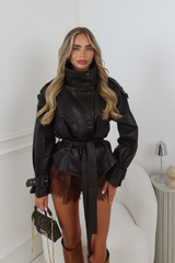 CORA CHOCOLATE LEATHER HIGH NECK BELTED JACKET