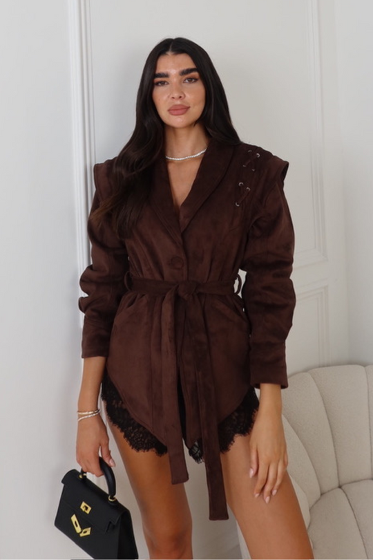 FRANCESCA CHOCOLATE FAUX SUEDE WRAP JACKET