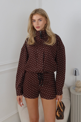JESSICA CHOCOLATE POLKA DOT JACKET AND SHORTS CO ORD TWO PIECE SET