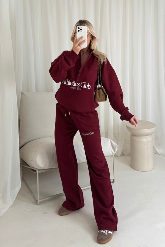 Athletics club embroidered burgundy 3/4 zip sweater straight leg loungewear