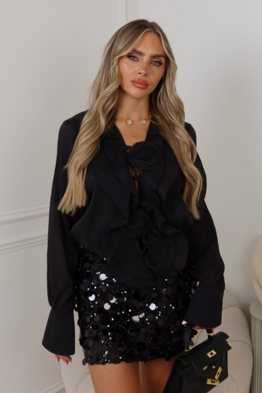 Charlotte black lace up rose detail chiffon blouse