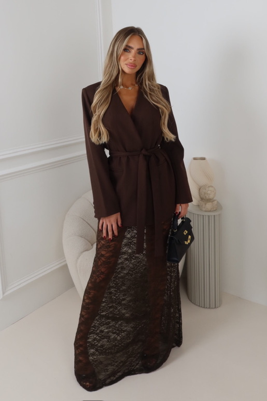 MARIA CHOCOLATE  LACE FULL LENGTH SHEER LENGTH SKIRT