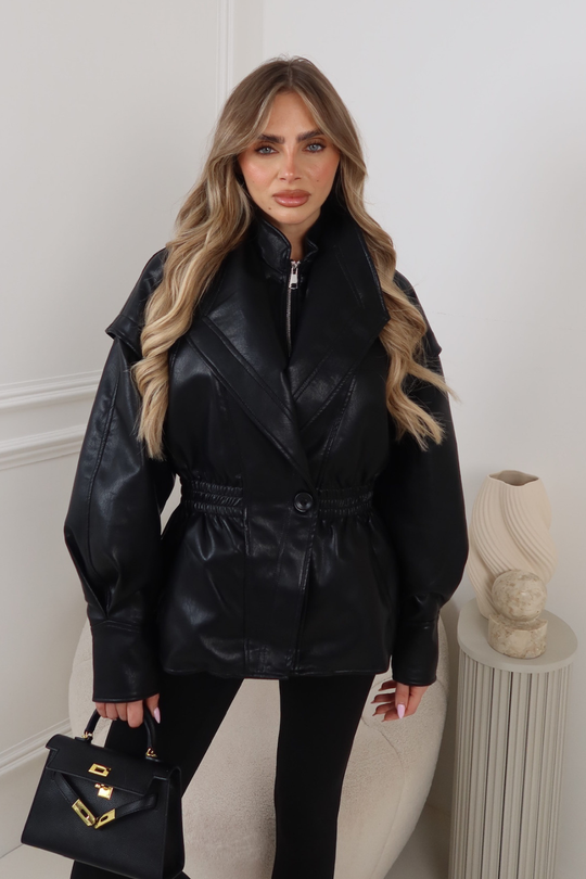 COLE BLACK FAUX LEATHER HIGH NECK ZIP JACKET