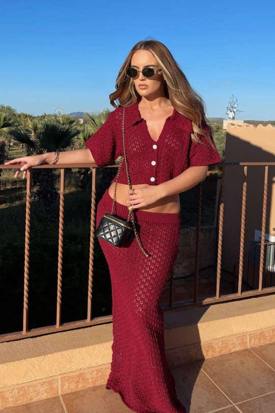 Diana burgundy crochet cardigan skirt co-ord