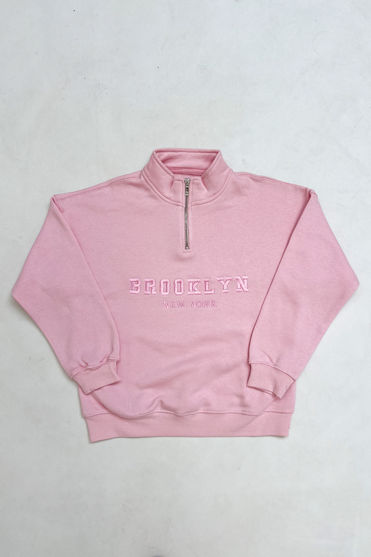 Mini Brooklyn baby pink embroidered 3/4 zip sweater