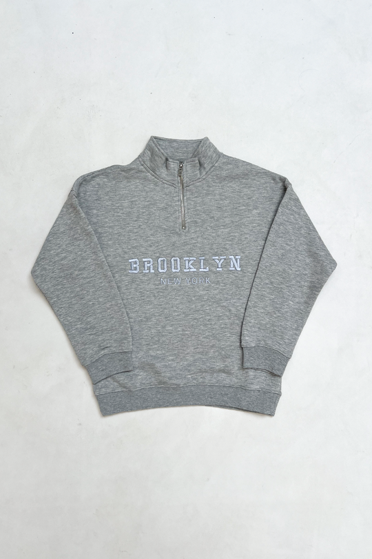 Mini Brooklyn melange grey embroidered 3/4 zip sweater