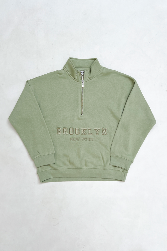 Mini Brooklyn sage embroidered 3/4 zip sweater