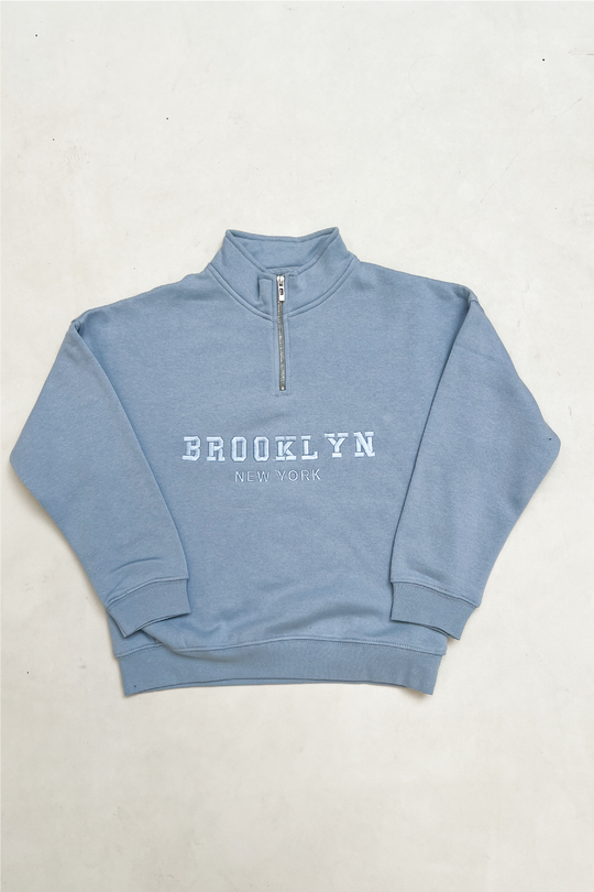 Mini Brooklyn baby blue embroidered 3/4 zip sweater