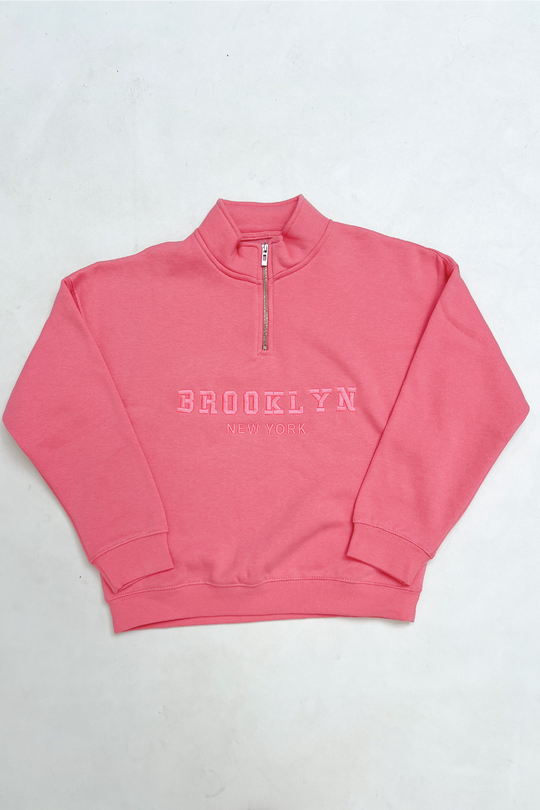 Mini Brooklyn pink lemonade embroidered 3/4 zip sweater
