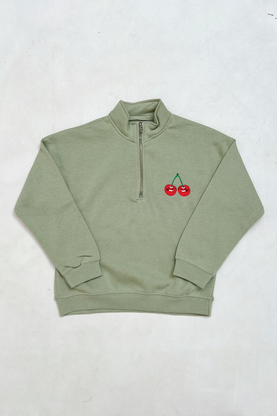 Mini cherry sage embroidered 3/4 zip sweater
