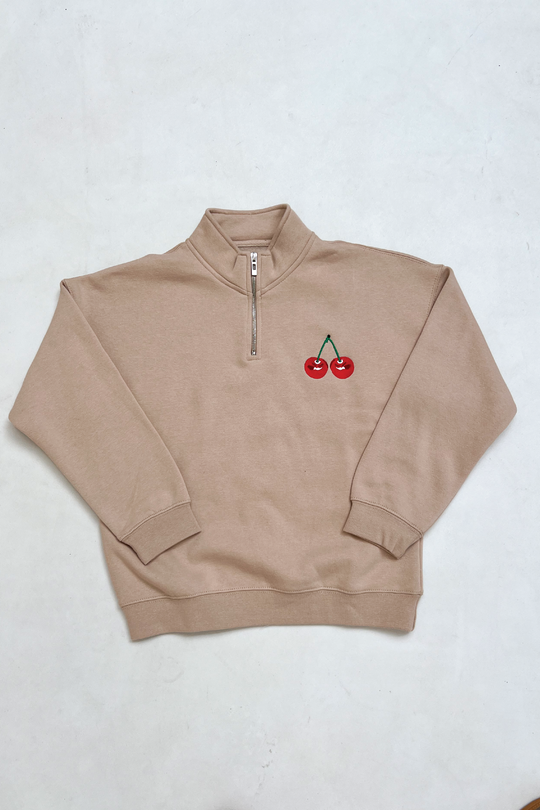Mini cherry stone embroidered 3/4 zip sweater