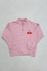 Mini cherry baby pink embroidered 3/4 zip sweater