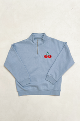 Mini cherry baby blue embroidered 3/4 zip sweater
