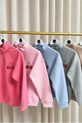 Mini cherry baby blue embroidered 3/4 zip sweater