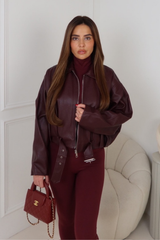 AISA BURGUNDY FAUX LEATHER COLLAR ZIP JACKET