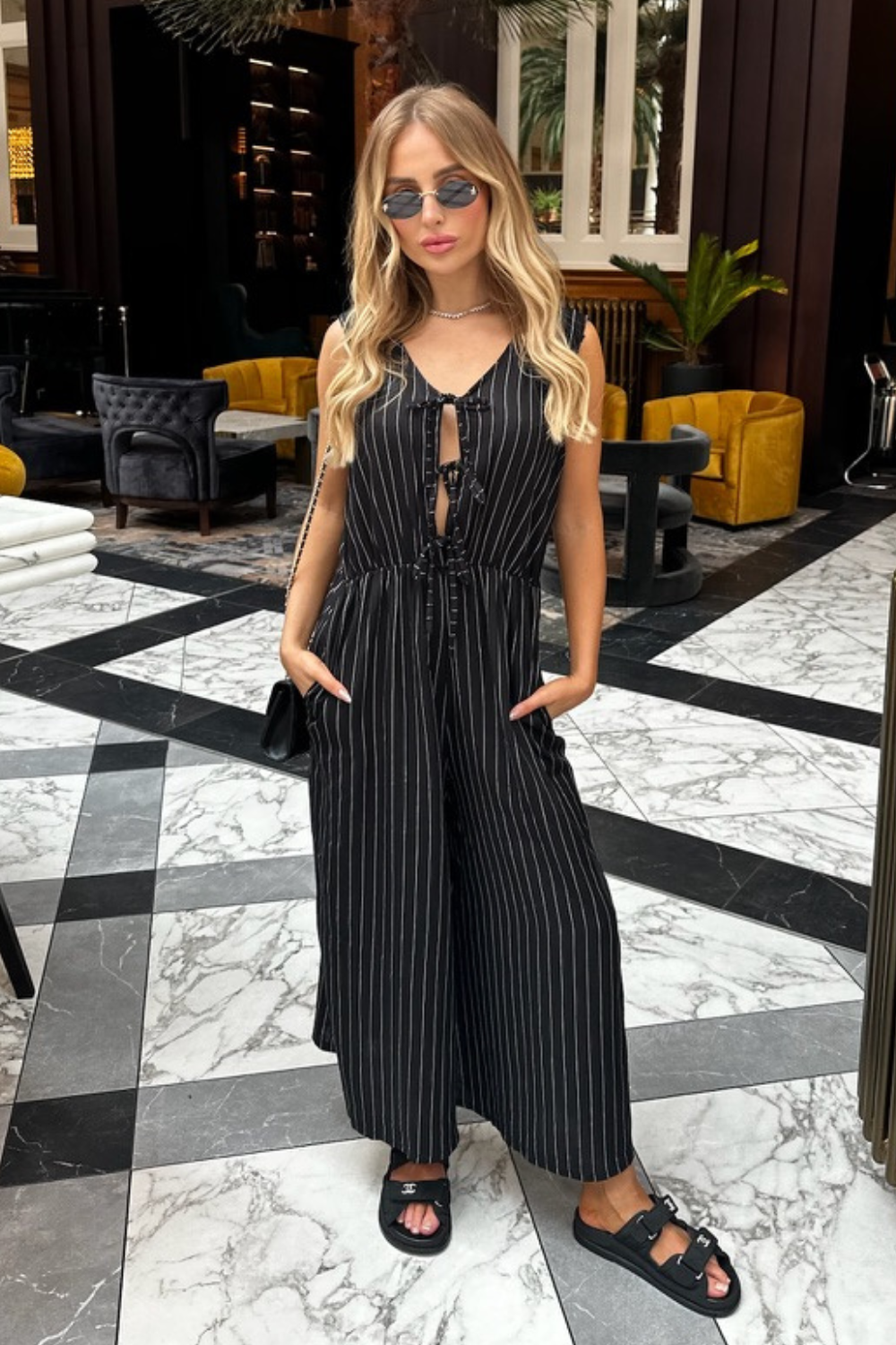 India black pinstripe jumpsuit Glamify Famous For Loungewear