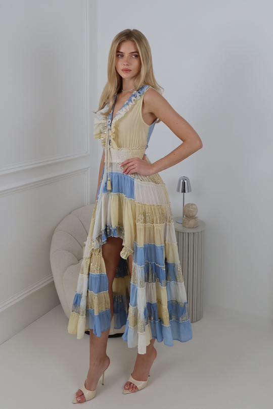 SOLENE BLUE EMBELLISHED TASSLE TIERED MAXI DRESS