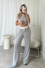 Jayden grey contrast waistband pants and crop top co-ord