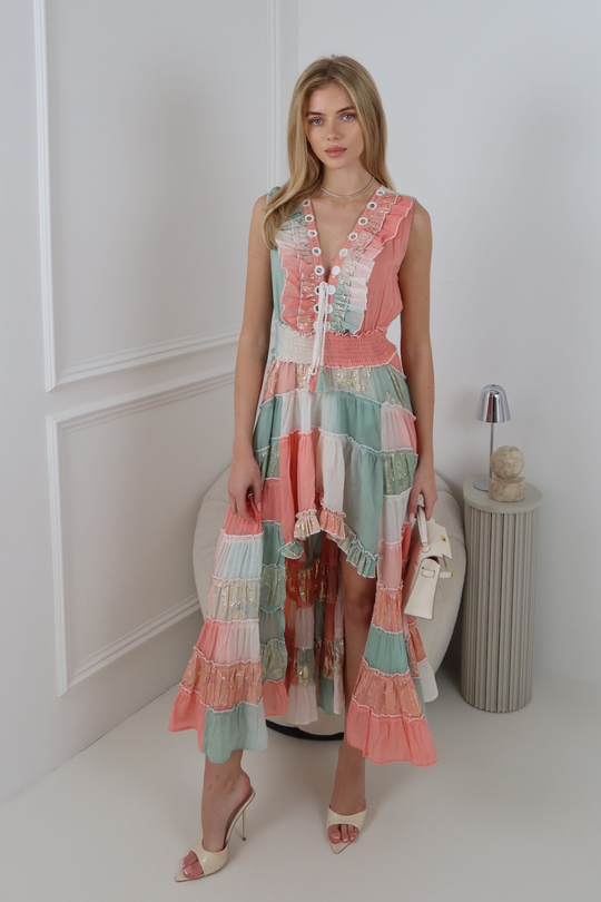 SOLENE PINK EMBELLISHED TASSLE TIERED MAXI DRESS