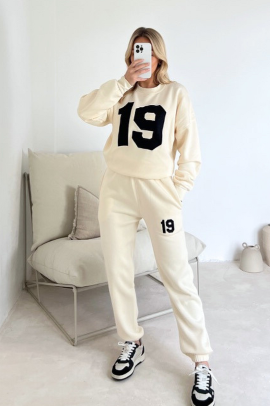 Nineteen ecru embroidered sweater joggers premium loungewear
