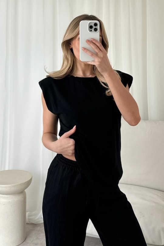 Eliza black shoulder pad box tshirt