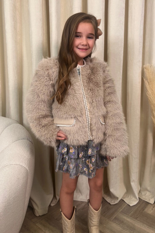 Mini Charlotte beige pearl trim faux fur coat
