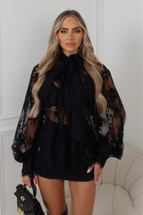 Bella black lace bow neck blouse