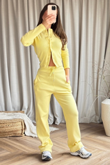 Alba lemon ribbed button through top & wide leg trousers