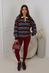 MARNIE WINE STRIPED BUTTON UP COLLAR LONG SLEEVE TOP
