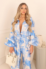 Raya blue jungle satin shirt with frill cuffs
