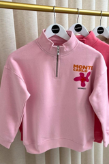 Mini monte carlo baby pink printed 3/4 zip sweater